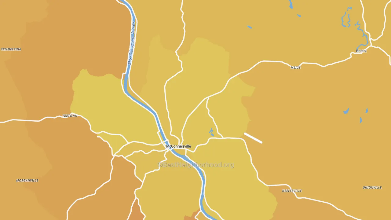 Map of the best neighborhoods in the McConnelsville area, with better matches in green and worse matches in red