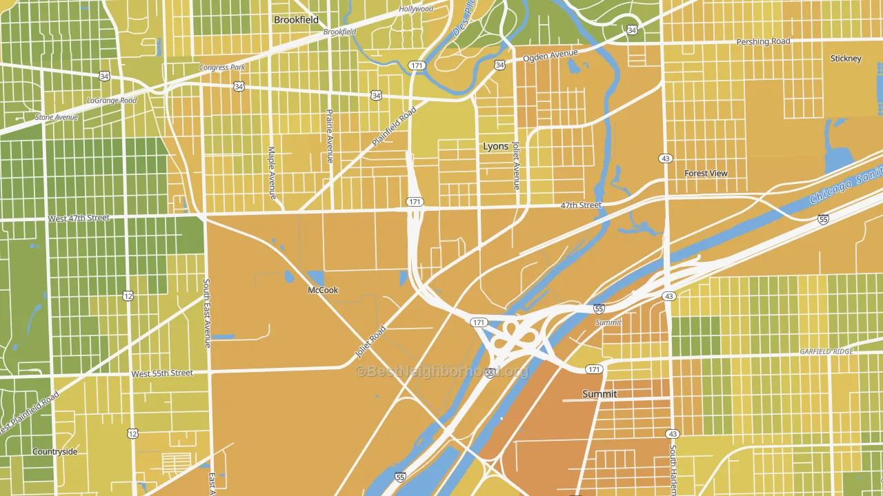 Map of the best neighborhoods in the McCook area, with better matches in green and worse matches in red