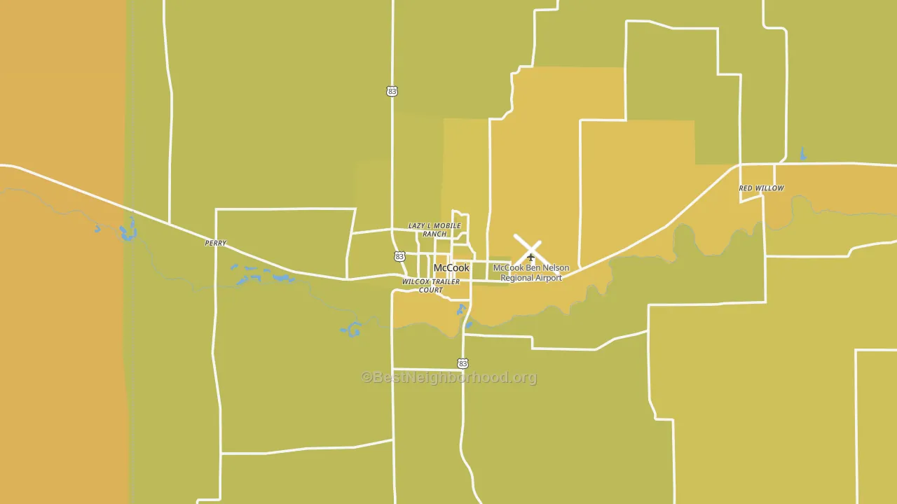Map of the best neighborhoods in the McCook area, with better matches in green and worse matches in red