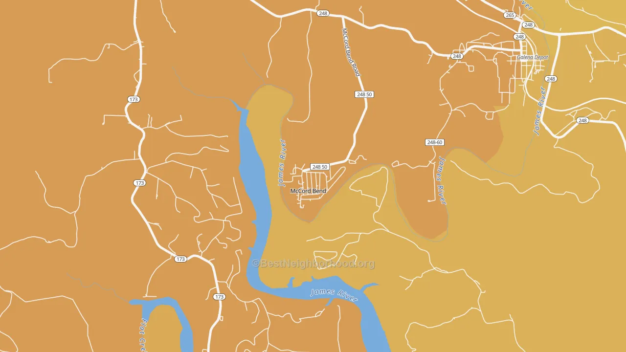 Map of the best neighborhoods in the McCord Bend area, with better matches in green and worse matches in red