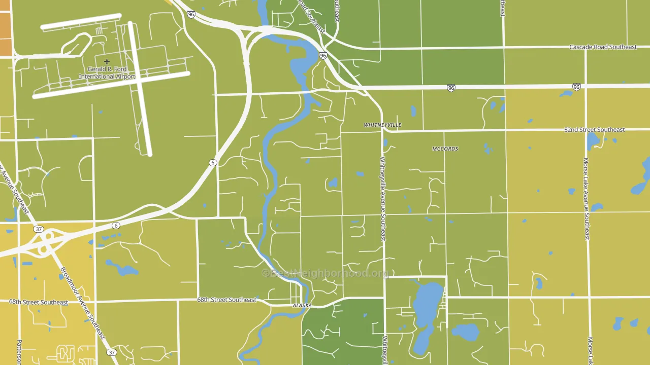 Map of the best neighborhoods in the McCords area, with better matches in green and worse matches in red