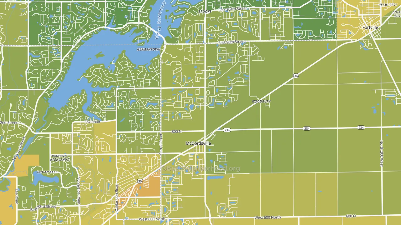 Map of the best neighborhoods in the McCordsville area, with better matches in green and worse matches in red