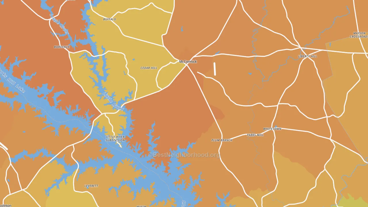 Map of the best neighborhoods in the McCormick County area, with better matches in green and worse matches in red