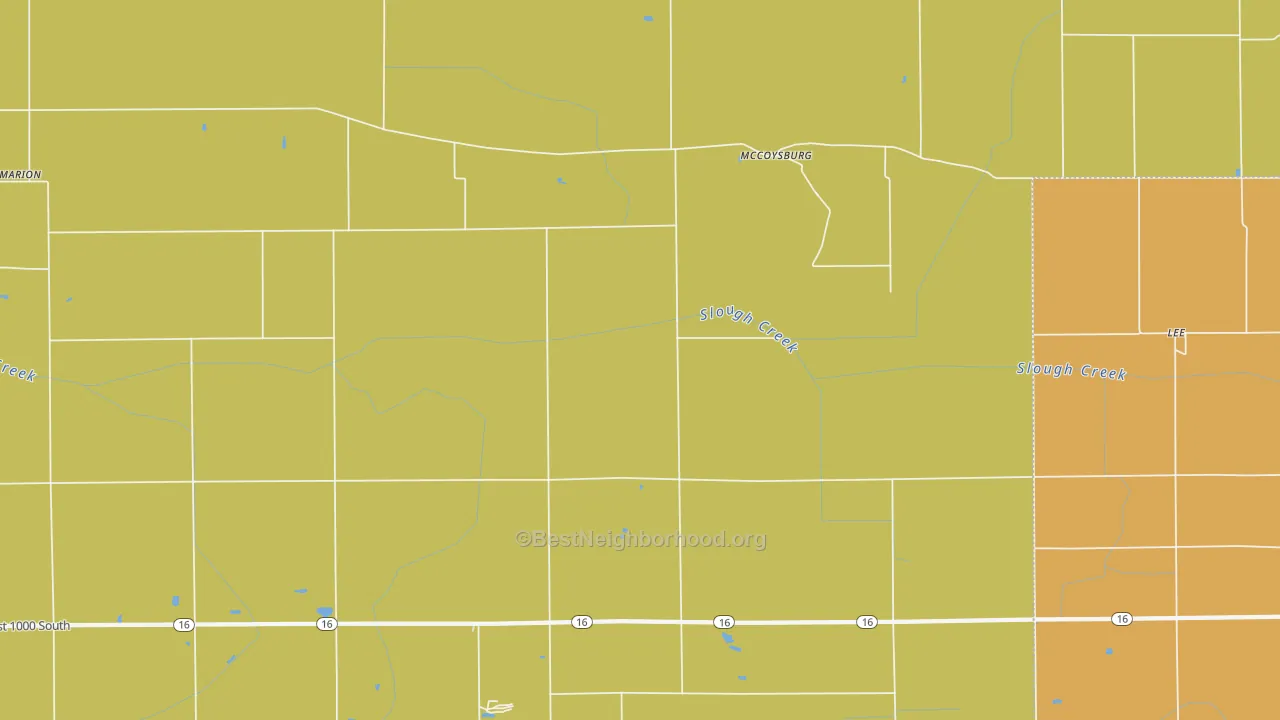 Map of the best neighborhoods in the McCoysburg area, with better matches in green and worse matches in red