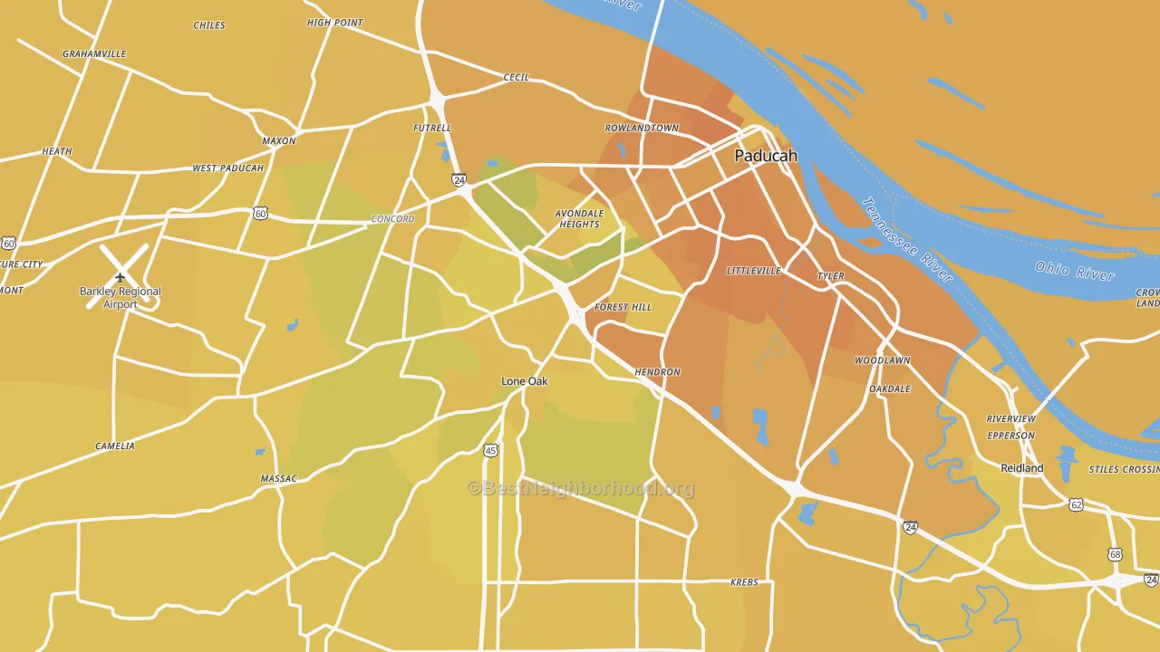 Map of the best neighborhoods in the McCracken County area, with better matches in green and worse matches in red