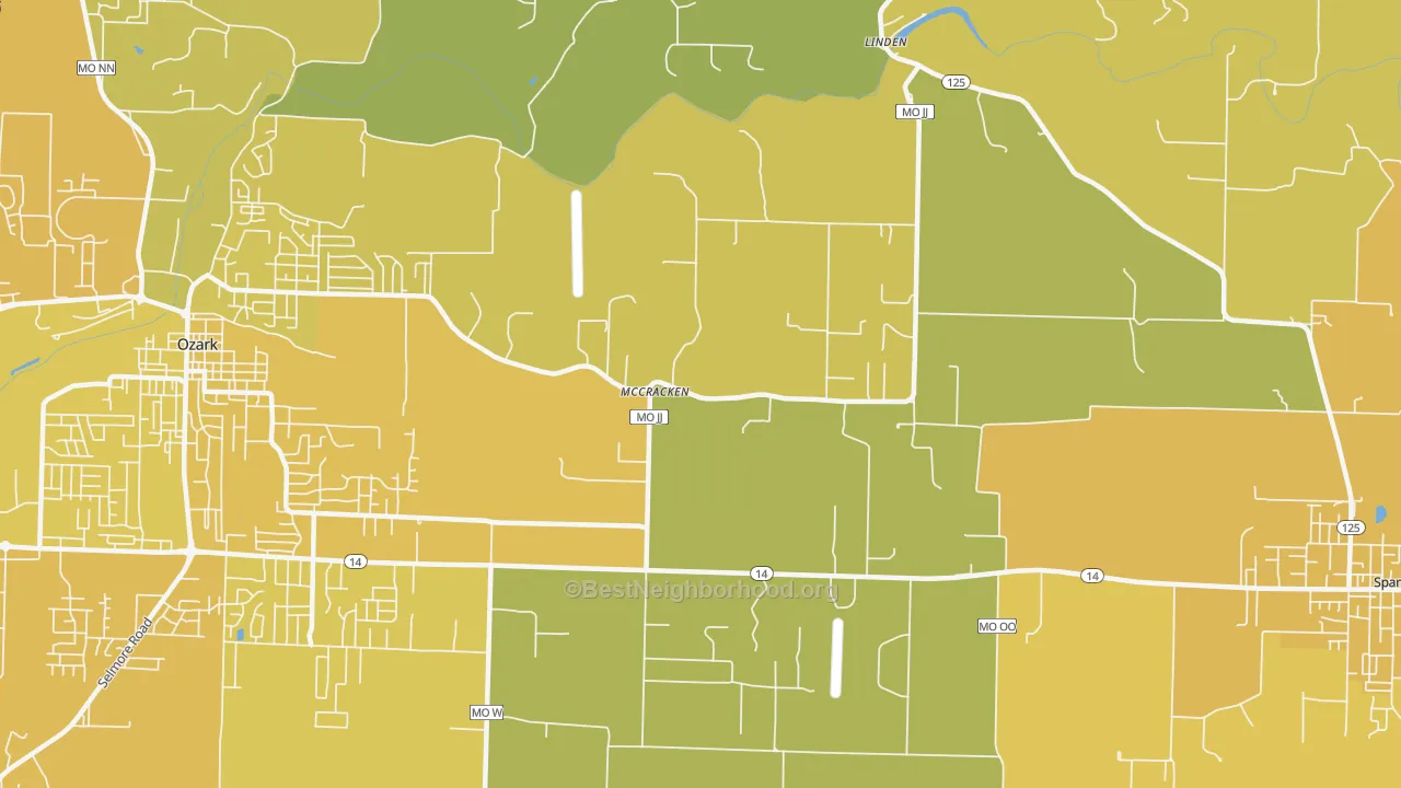 Map of the best neighborhoods in the McCracken area, with better matches in green and worse matches in red