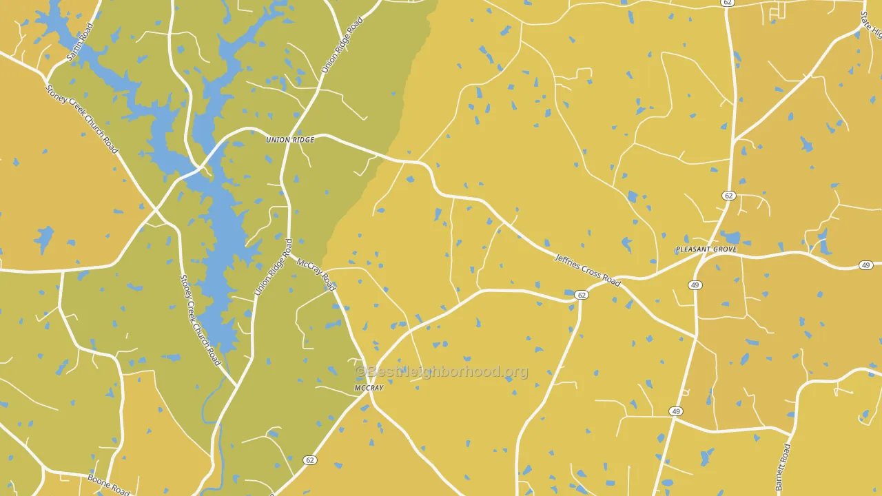 Map of the best neighborhoods in the McCray area, with better matches in green and worse matches in red