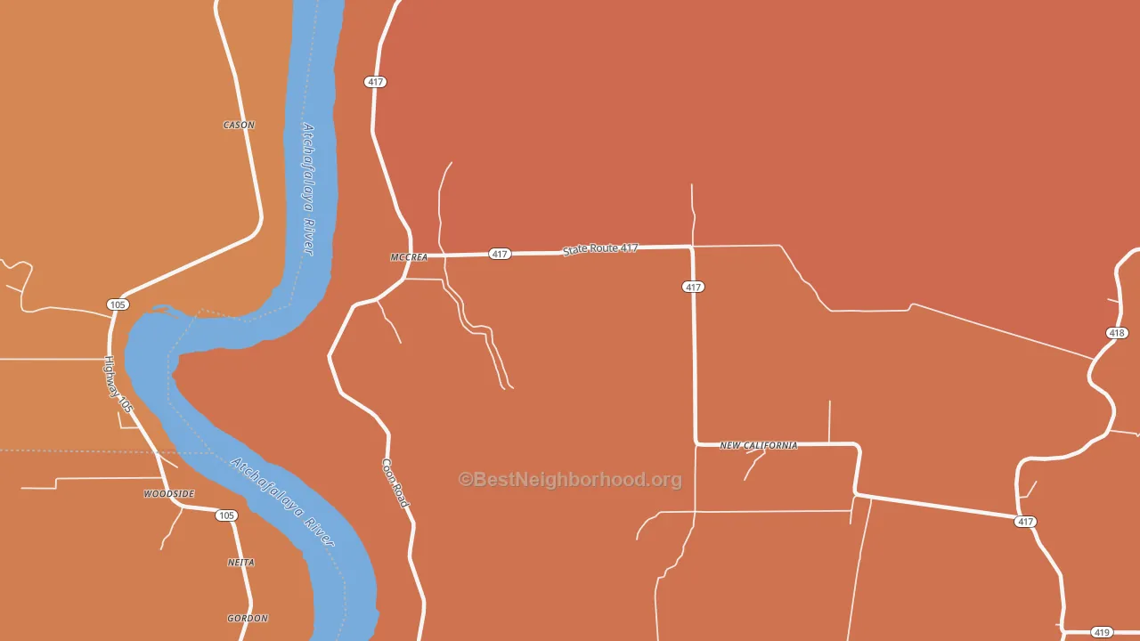 Map of the best neighborhoods in the McCrea area, with better matches in green and worse matches in red