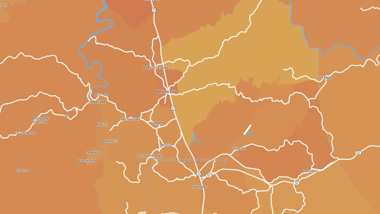 Map of the best neighborhoods in the McCreary County area, with better matches in green and worse matches in red
