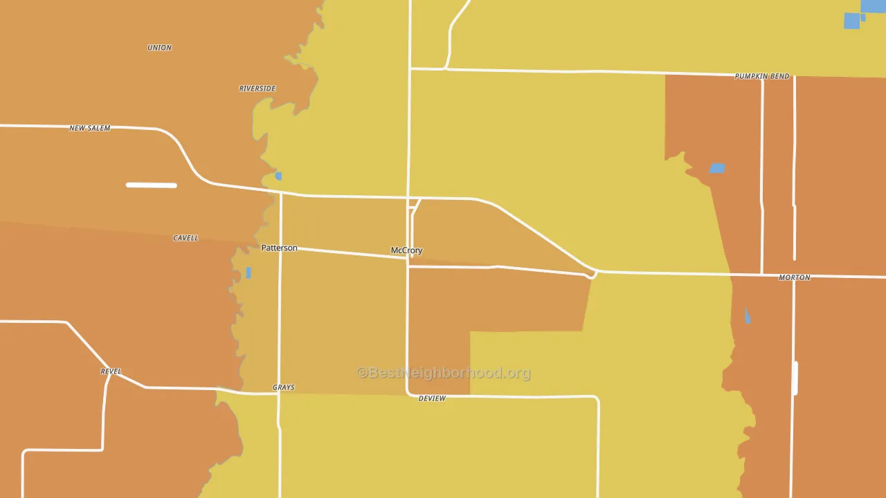 Map of the best neighborhoods in the McCrory area, with better matches in green and worse matches in red
