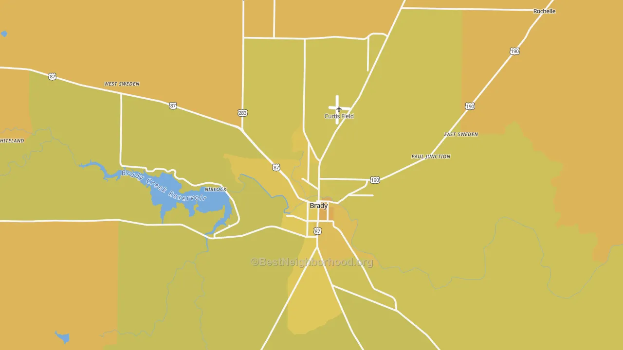 Map of the best neighborhoods in the McCulloch County area, with better matches in green and worse matches in red