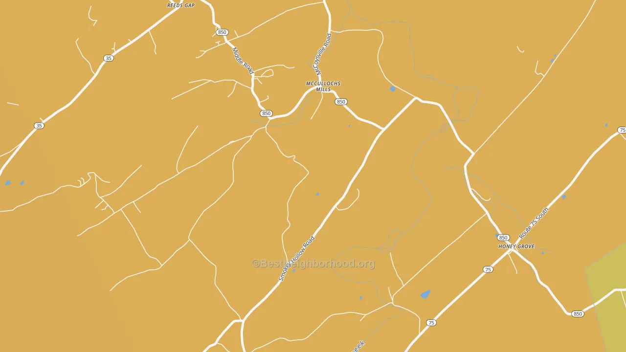 Map of the best neighborhoods in the McCullochs Mills area, with better matches in green and worse matches in red