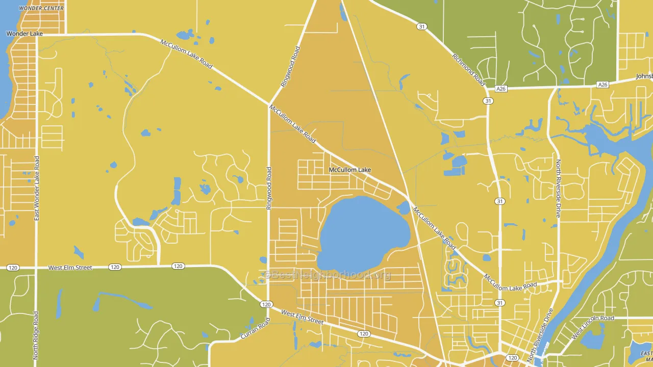 Map of the best neighborhoods in the McCullom Lake area, with better matches in green and worse matches in red