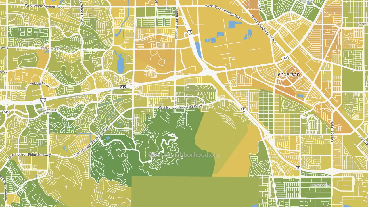 Map of the best neighborhoods in the McCullough Hills, Henderson area, with better matches in green and worse matches in red