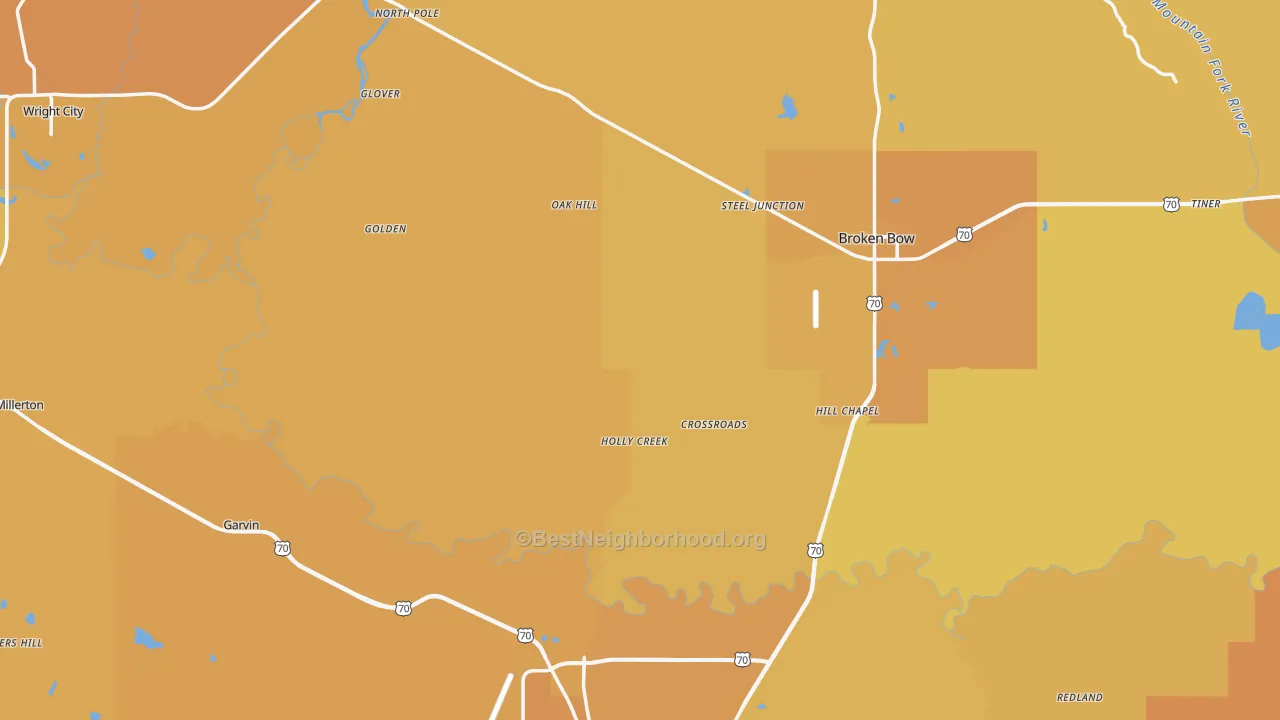 Map of the best neighborhoods in the McCurtain County area, with better matches in green and worse matches in red