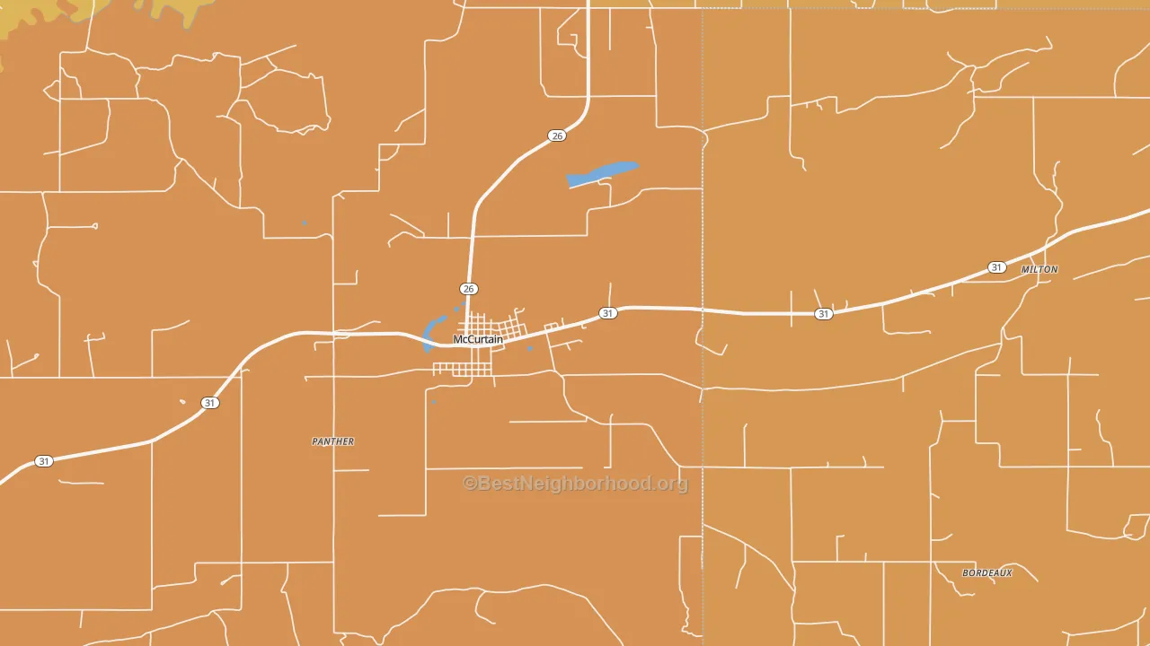 Map of the best neighborhoods in the Mccurtain area, with better matches in green and worse matches in red