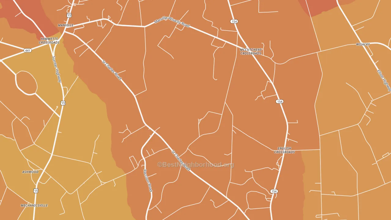 Map of the best neighborhoods in the McCutchens Crossroads area, with better matches in green and worse matches in red