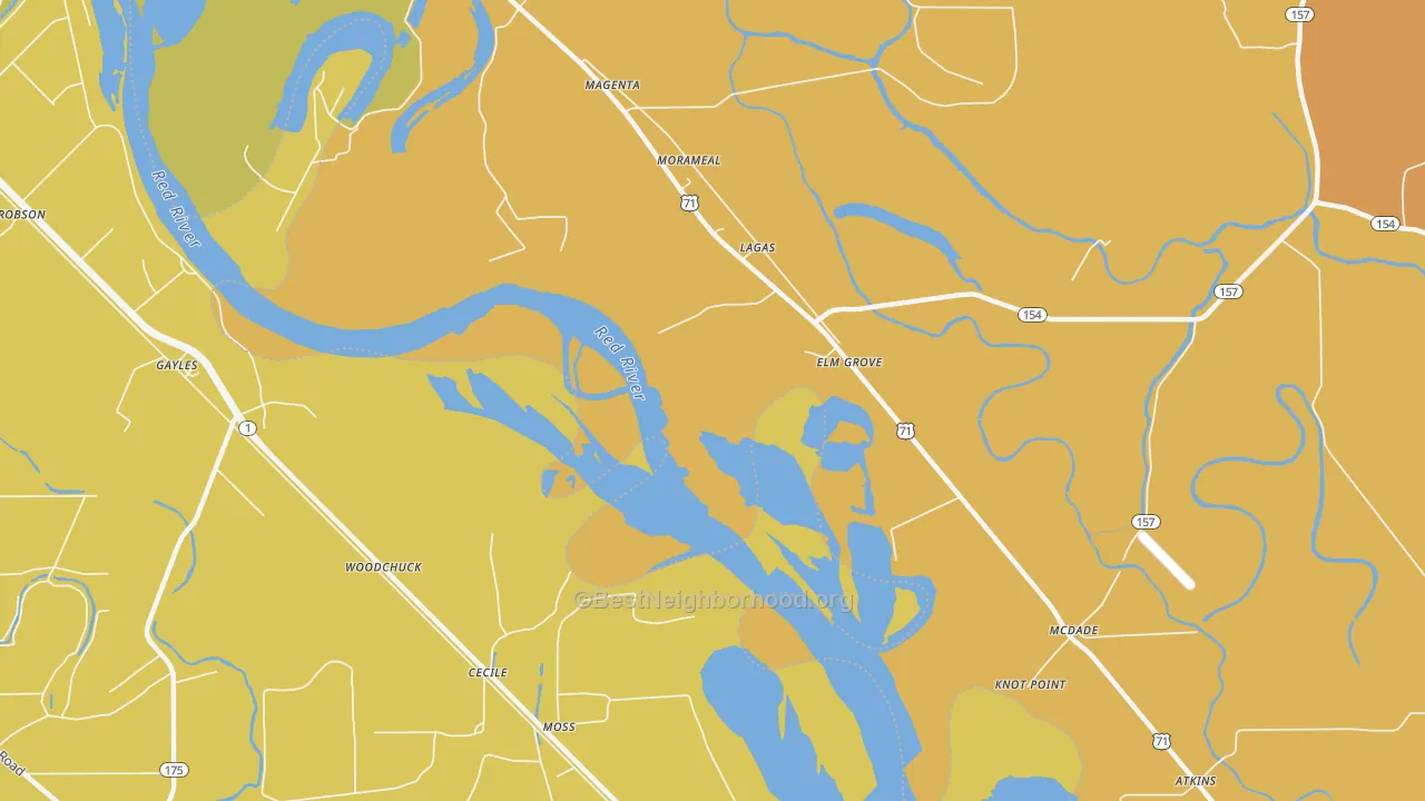 Map of the best neighborhoods in the McDade area, with better matches in green and worse matches in red