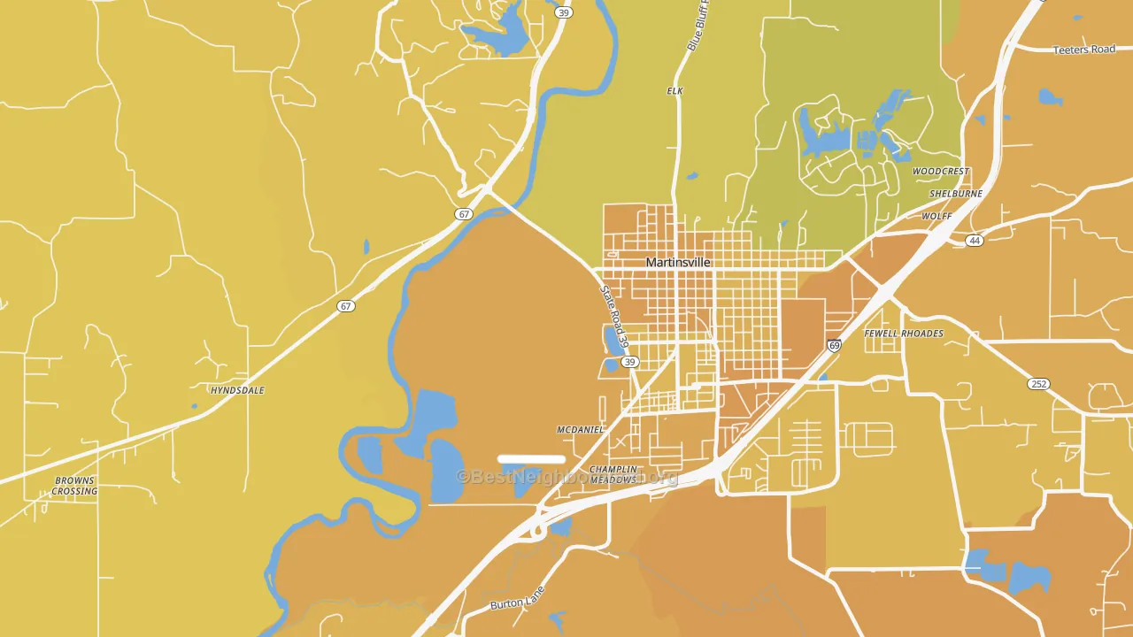 Map of the best neighborhoods in the McDaniel area, with better matches in green and worse matches in red