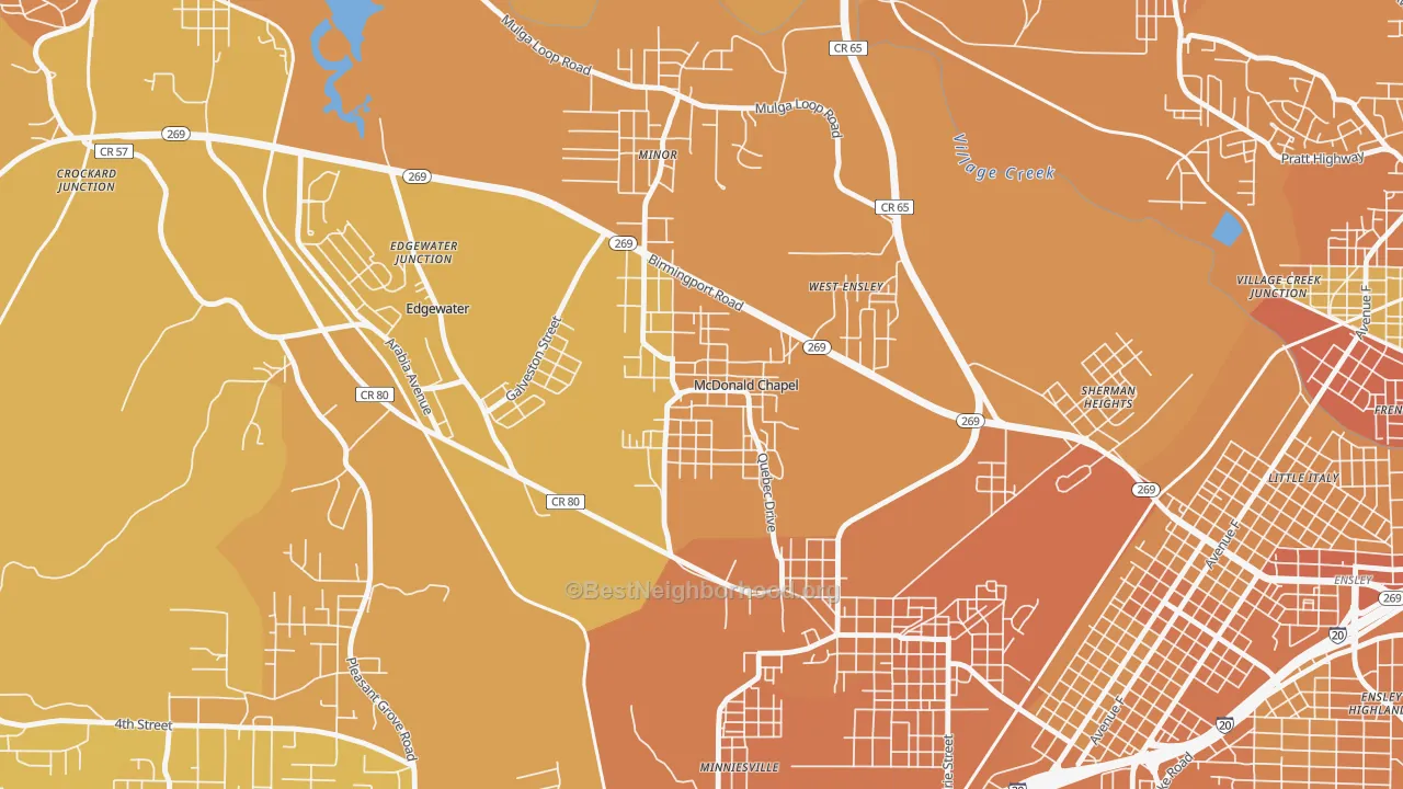 Map of the best neighborhoods in the McDonald Chapel area, with better matches in green and worse matches in red