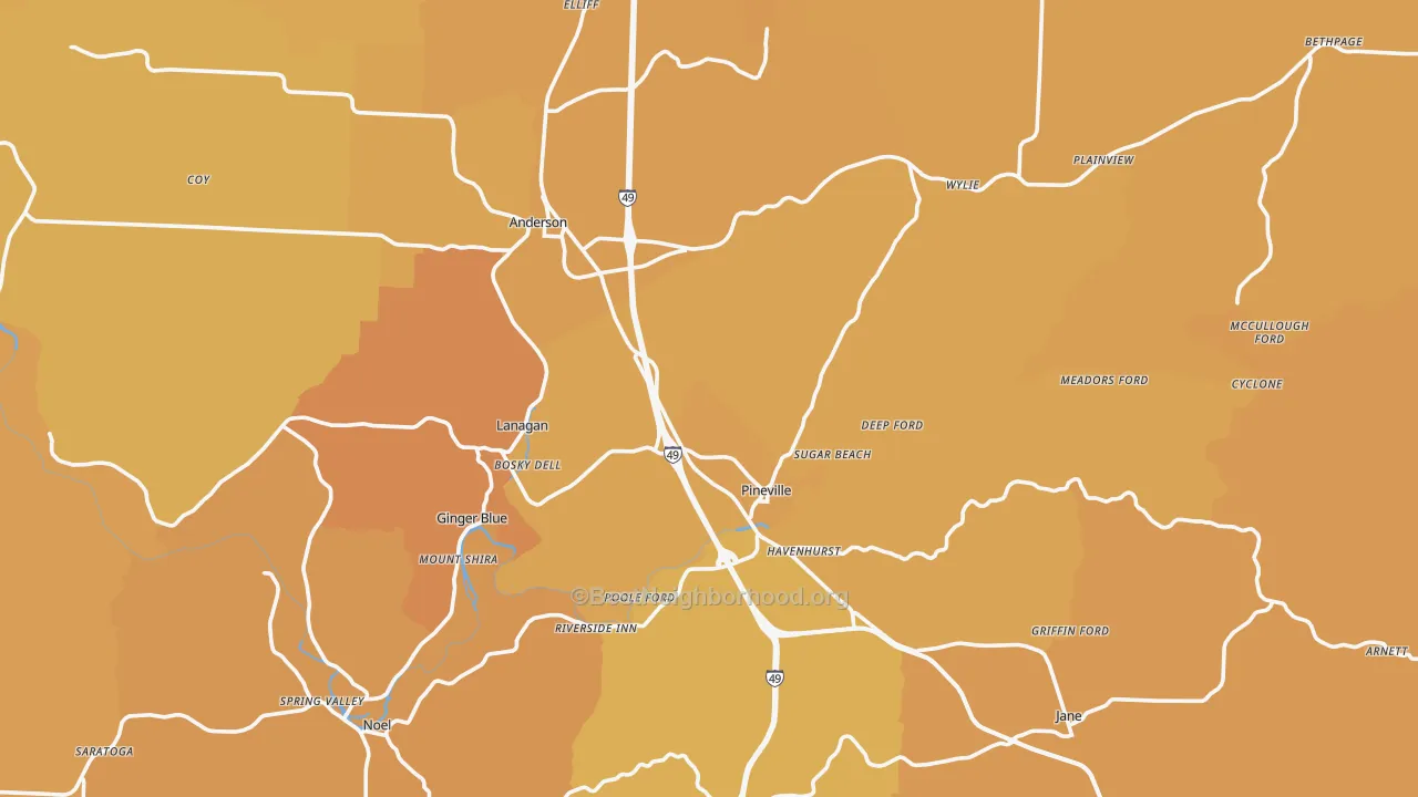 Map of the best neighborhoods in the McDonald County area, with better matches in green and worse matches in red