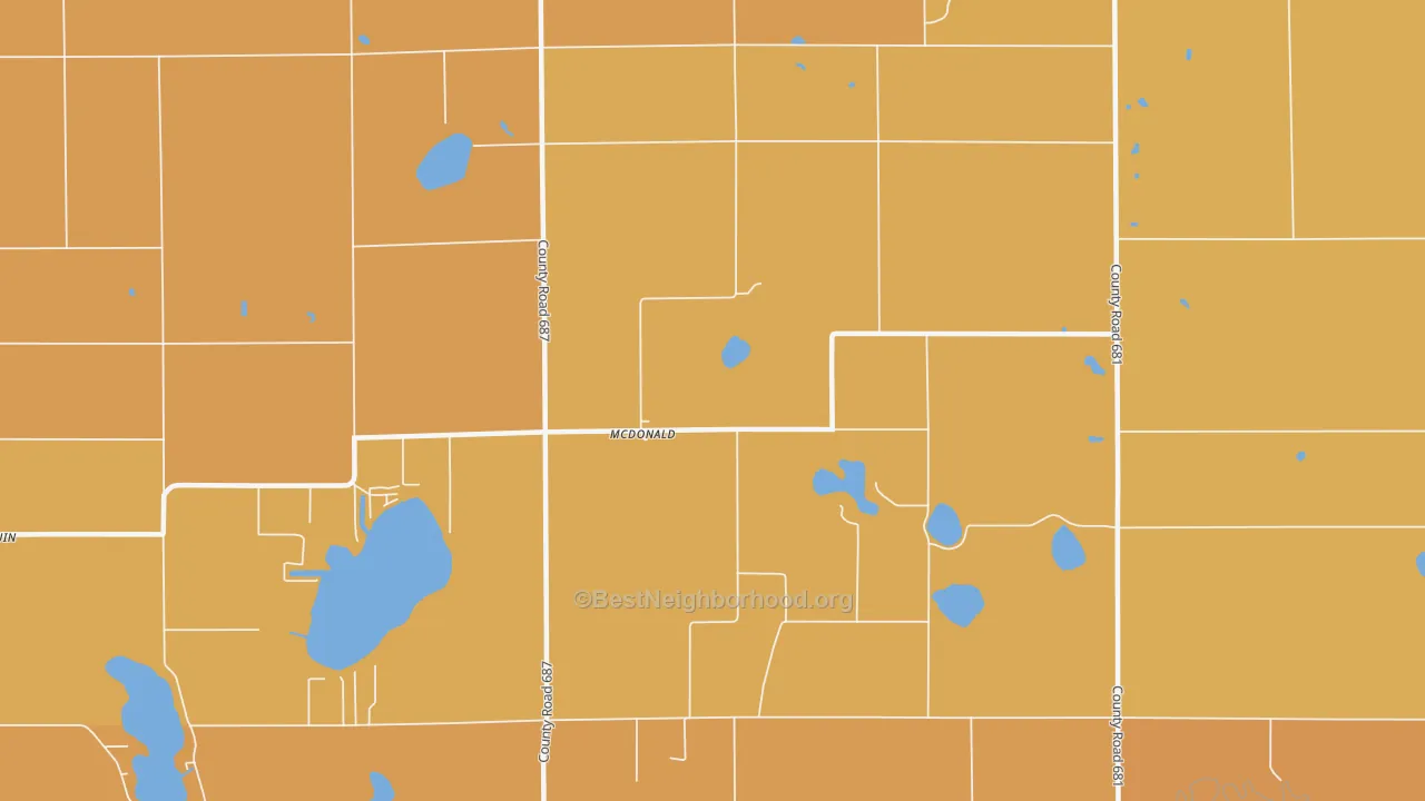 Map of the best neighborhoods in the McDonald area, with better matches in green and worse matches in red