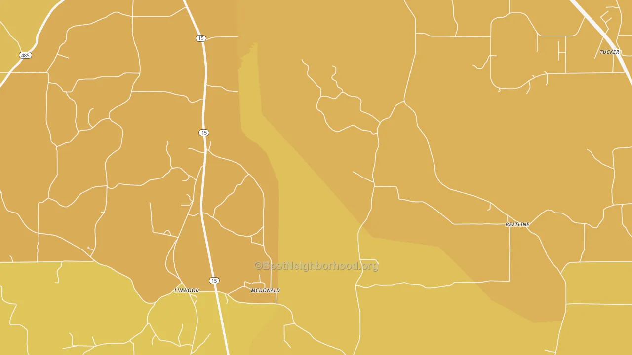 Map of the best neighborhoods in the McDonald area, with better matches in green and worse matches in red