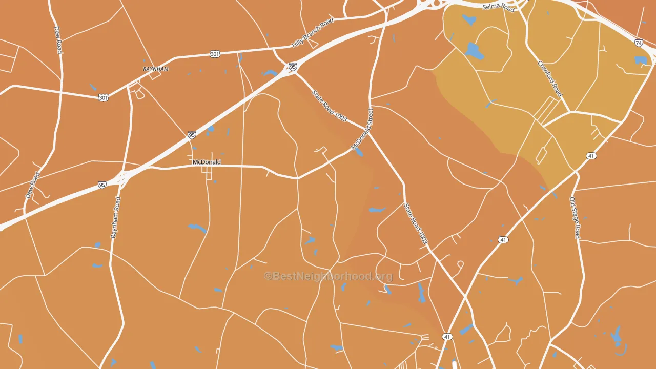 Map of the best neighborhoods in the McDonald area, with better matches in green and worse matches in red