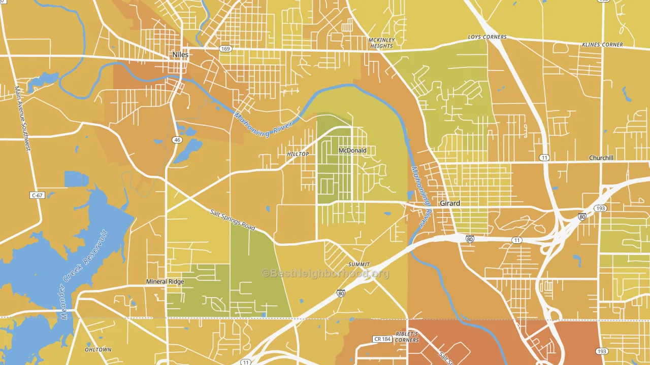 Map of the best neighborhoods in the McDonald area, with better matches in green and worse matches in red