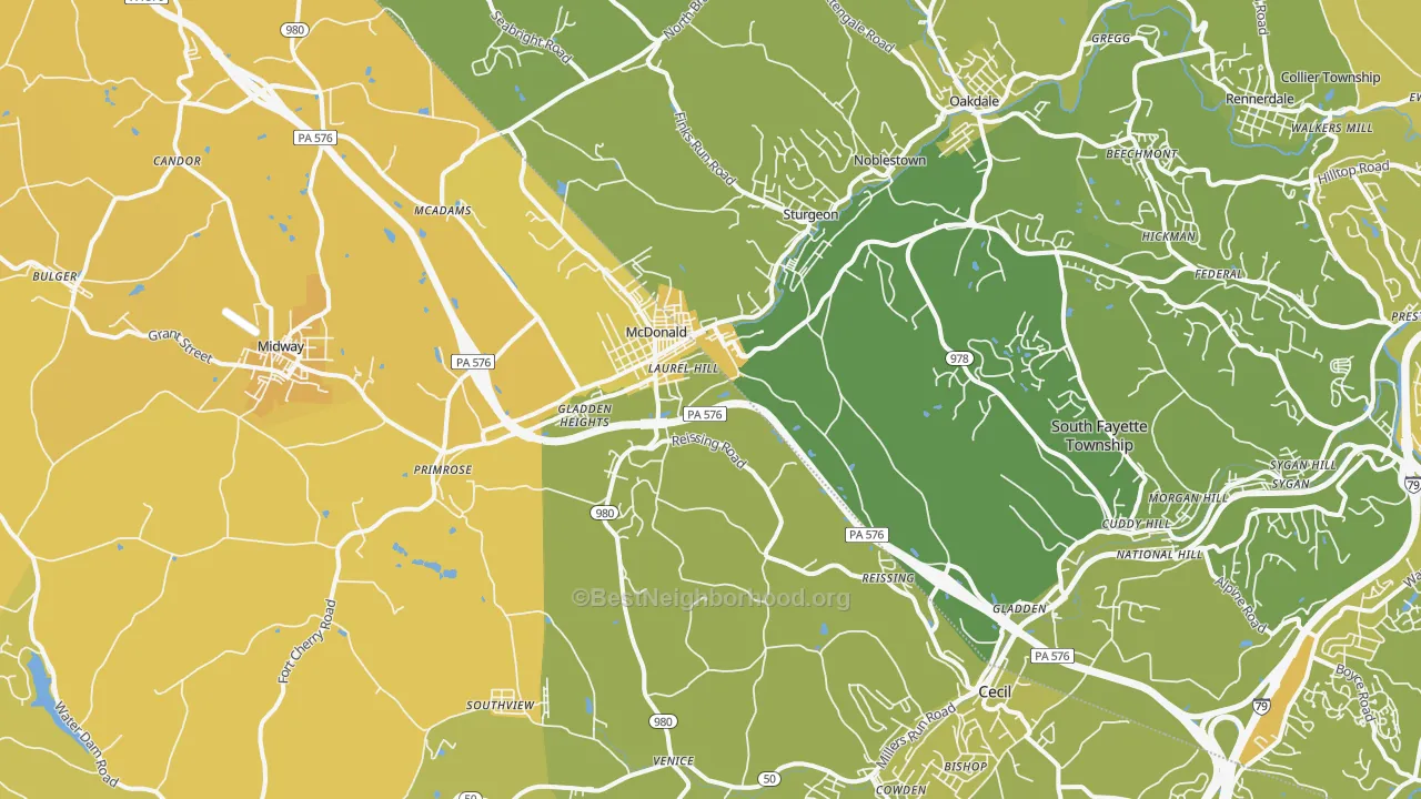 Map of the best neighborhoods in the Mcdonald area, with better matches in green and worse matches in red