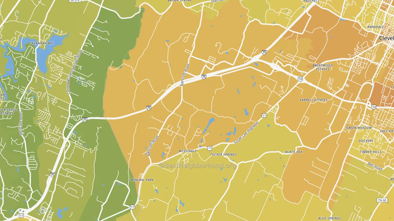 Map of the best neighborhoods in the McDonald area, with better matches in green and worse matches in red