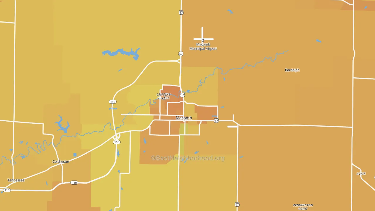 Map of the best neighborhoods in the McDonough County area, with better matches in green and worse matches in red