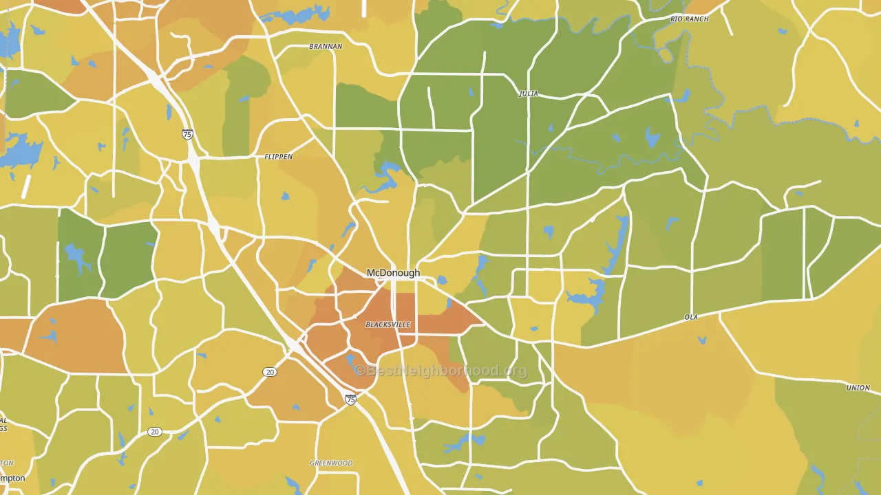 Map of the best neighborhoods in the McDonough area, with better matches in green and worse matches in red
