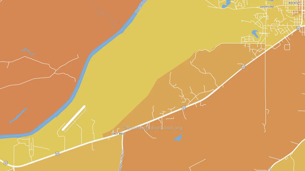 Map of the best neighborhoods in the McDowell area, with better matches in green and worse matches in red