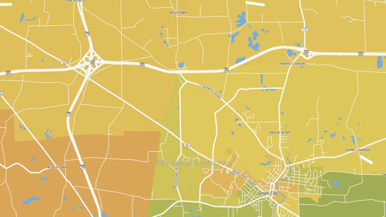 Map of the best neighborhoods in the McDowell Corners area, with better matches in green and worse matches in red
