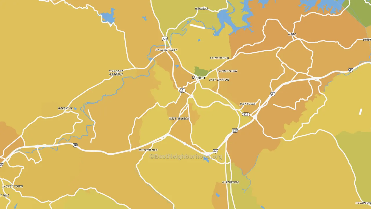 Map of the best neighborhoods in the McDowell County area, with better matches in green and worse matches in red