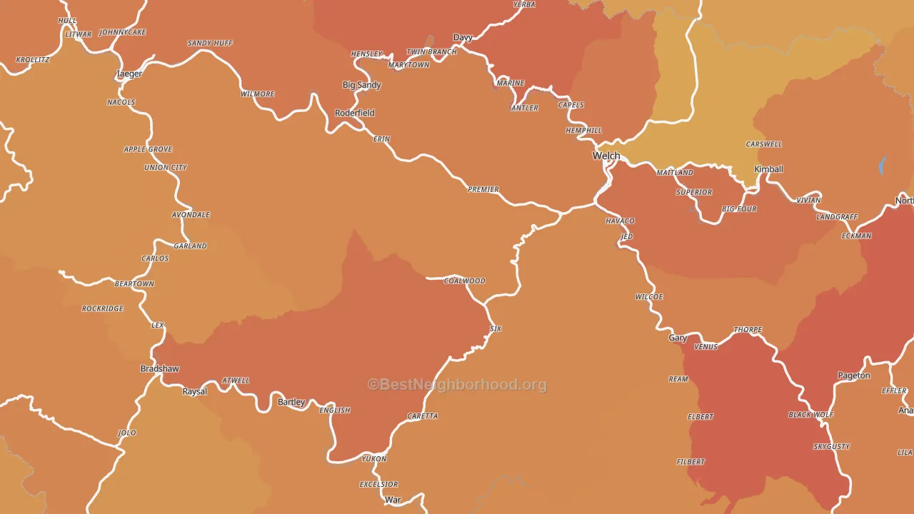 Map of the best neighborhoods in the McDowell County area, with better matches in green and worse matches in red