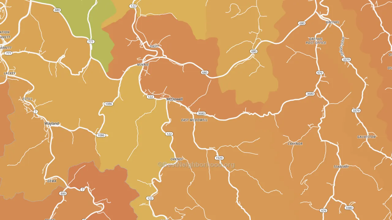 Map of the best neighborhoods in the McDowell area, with better matches in green and worse matches in red