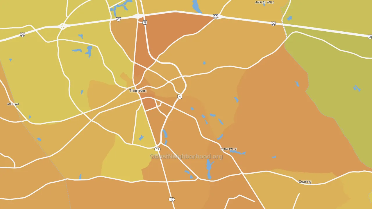 Map of the best neighborhoods in the McDuffie County area, with better matches in green and worse matches in red