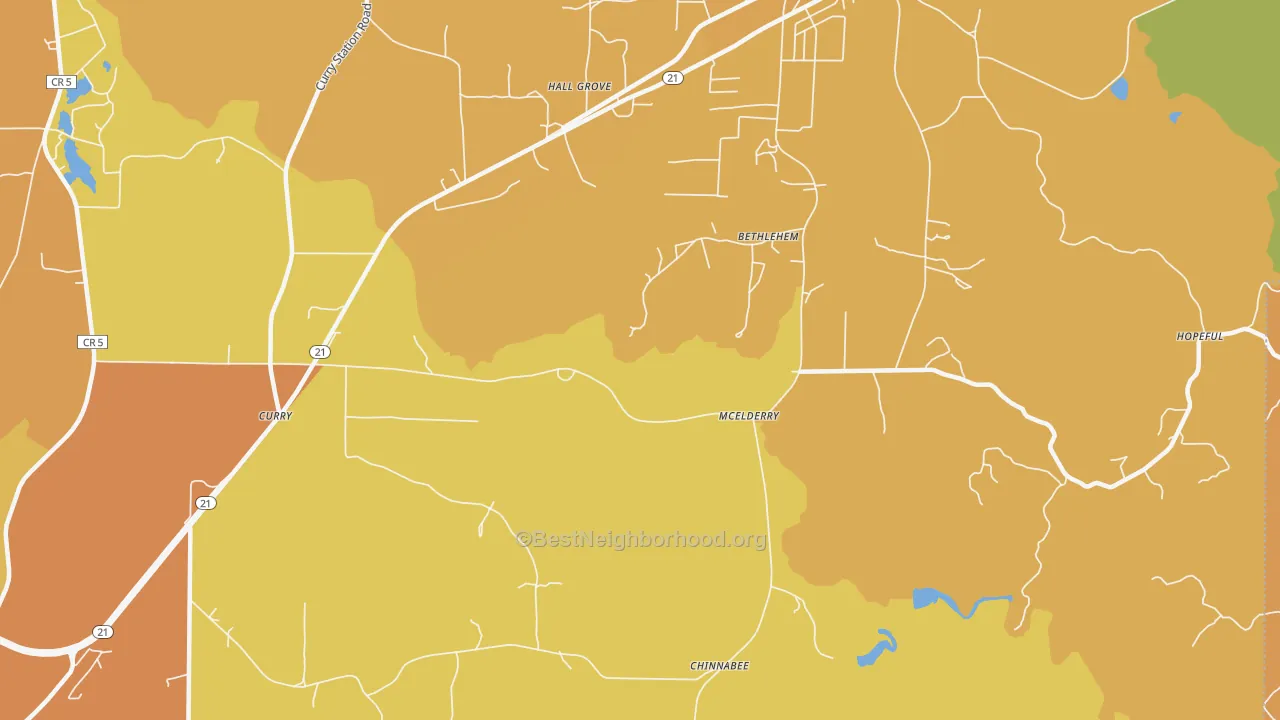Map of the best neighborhoods in the McElderry area, with better matches in green and worse matches in red