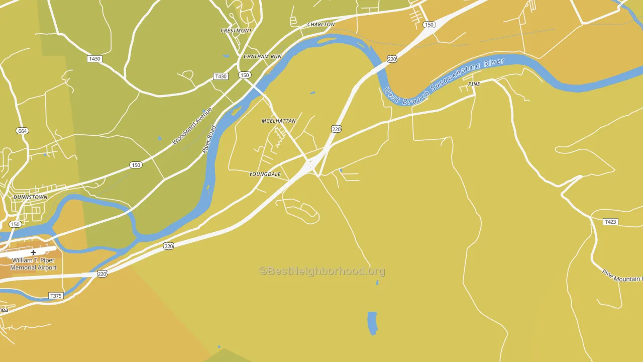 Map of the best neighborhoods in the McElhattan area, with better matches in green and worse matches in red