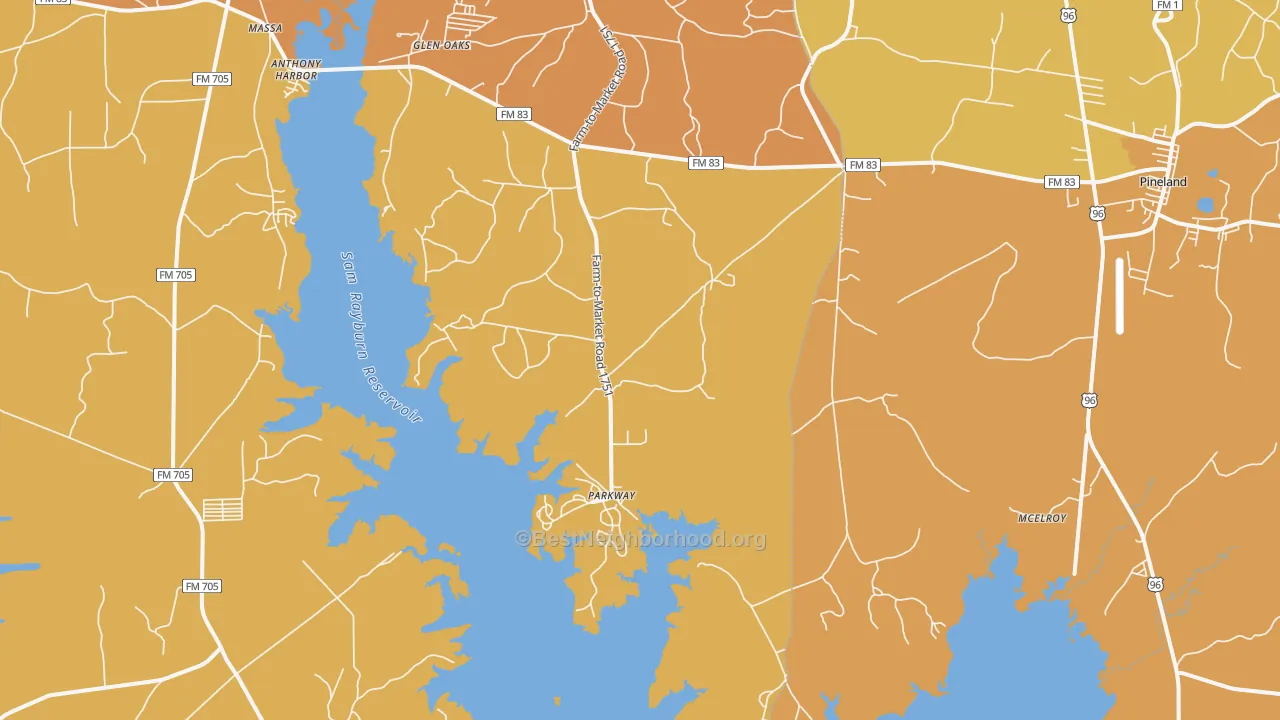 Map of the best neighborhoods in the McElroy area, with better matches in green and worse matches in red