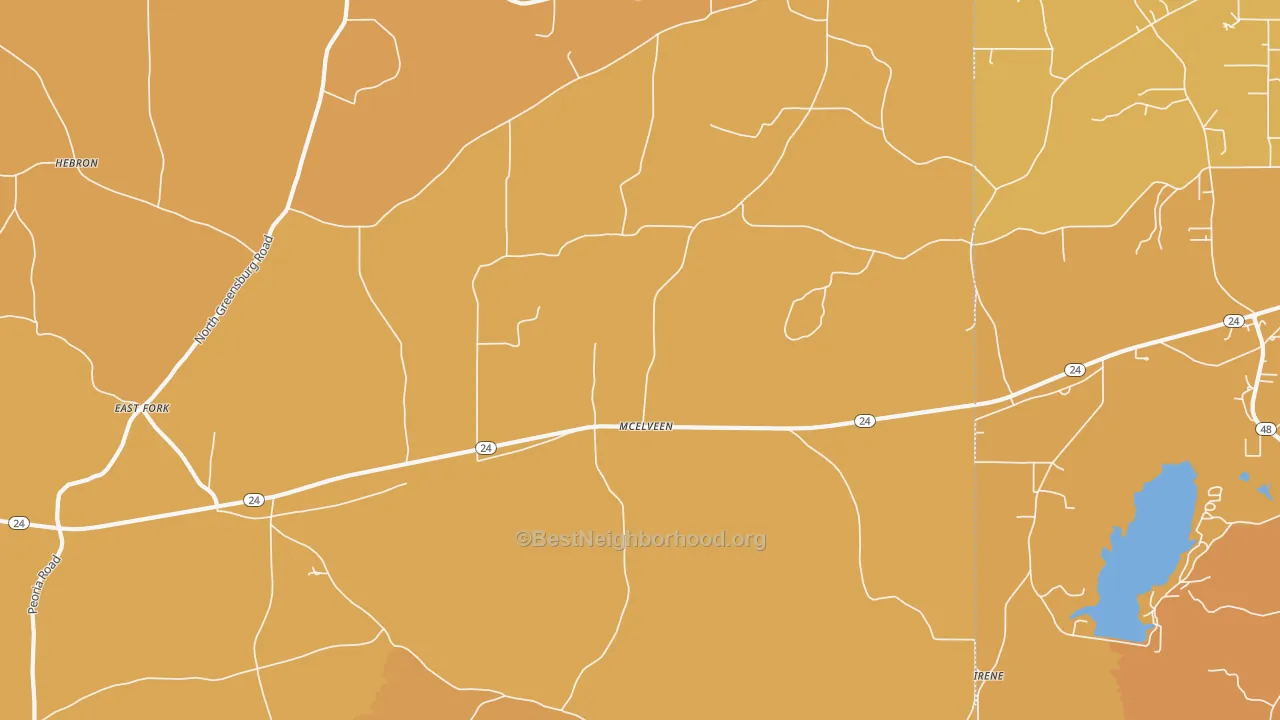Map of the best neighborhoods in the McElveen area, with better matches in green and worse matches in red