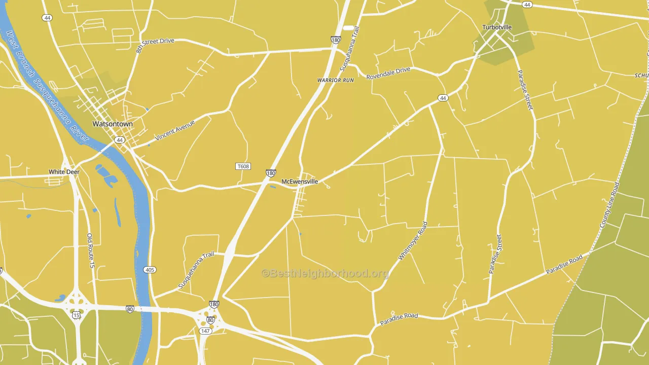 Map of the best neighborhoods in the McEwensville area, with better matches in green and worse matches in red