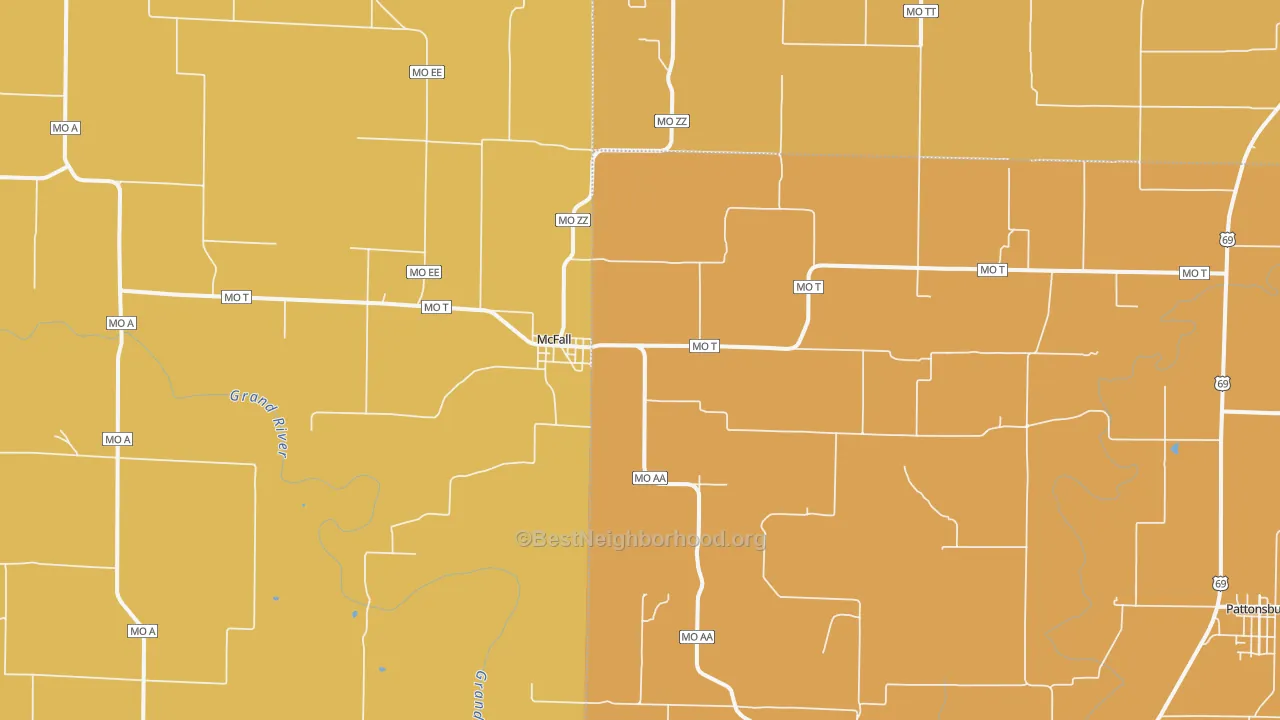 Map of the best neighborhoods in the McFall area, with better matches in green and worse matches in red