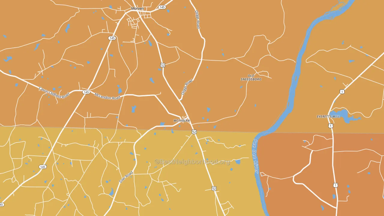 Map of the best neighborhoods in the McFarlan area, with better matches in green and worse matches in red