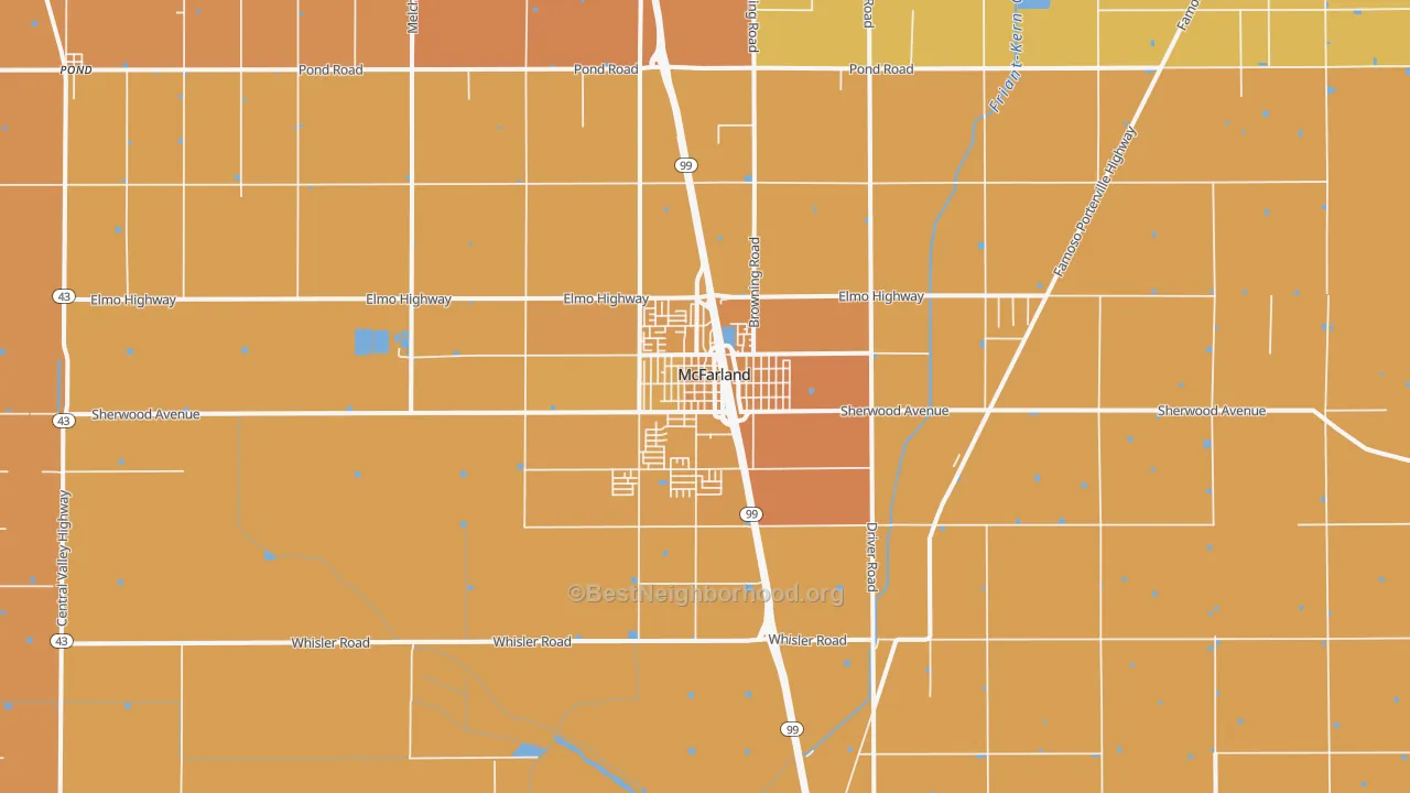 Map of the best neighborhoods in the McFarland area, with better matches in green and worse matches in red