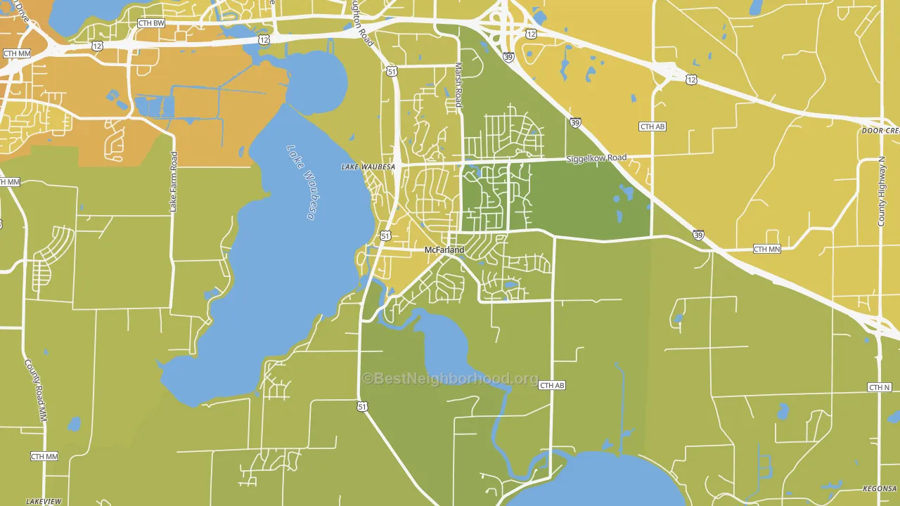 Map of the best neighborhoods in the McFarland area, with better matches in green and worse matches in red