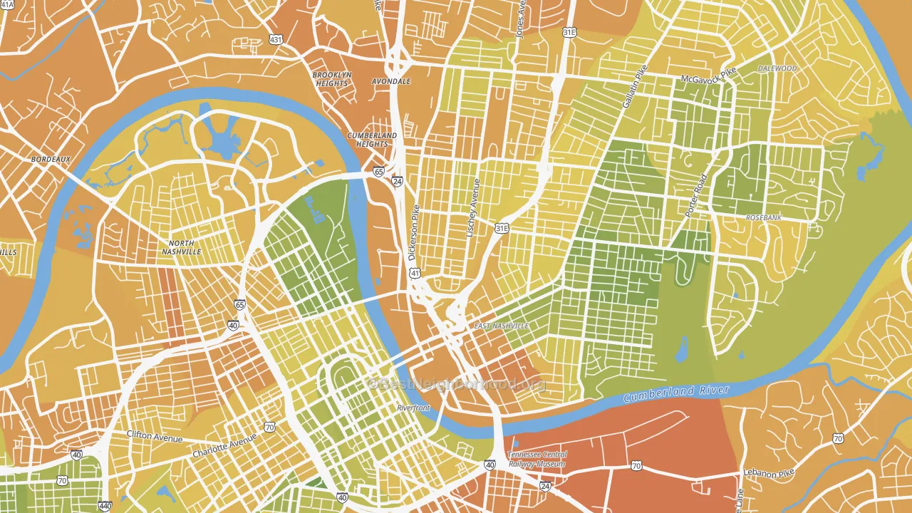 Map of the best neighborhoods in the McFerrin Park, Nashville area, with better matches in green and worse matches in red