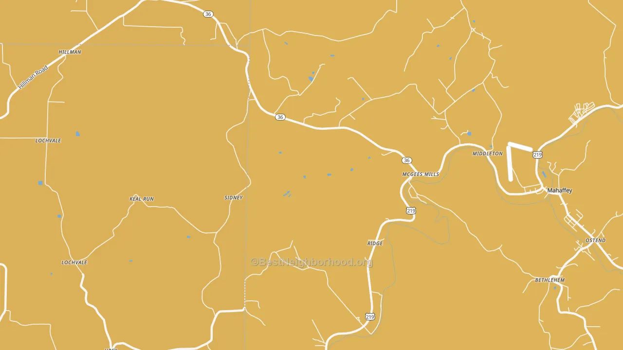 Map of the best neighborhoods in the McGees Mills area, with better matches in green and worse matches in red